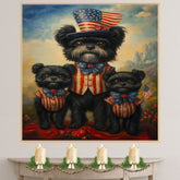 Black Affenpinscher Mother and Puppies Wearing Patriotic Red White and Blue Outfits Holding American Flag with Mountain Background on Ready to Hang 1.5" Thick Canvas Wrap, Floating Framed Canvas, Flat Rolled Canvas